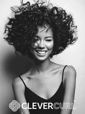 girl with short curly hair in black and white with clever curl logo